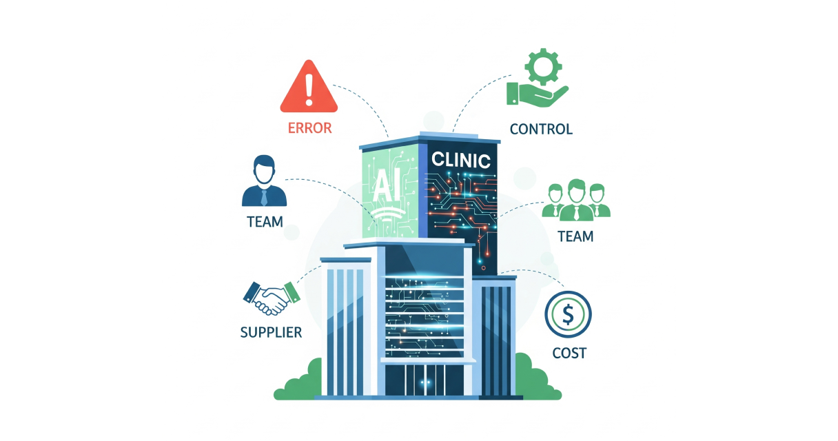 Ilustração corporativa plana mostrando uma clínica com elementos visuais de inteligência artificial e ícones de preocupações como erro, controle, equipe, fornecedor e custo